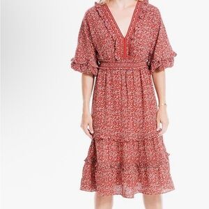 Max Studio Orange Midi Dress with Ruffled Tiered Design